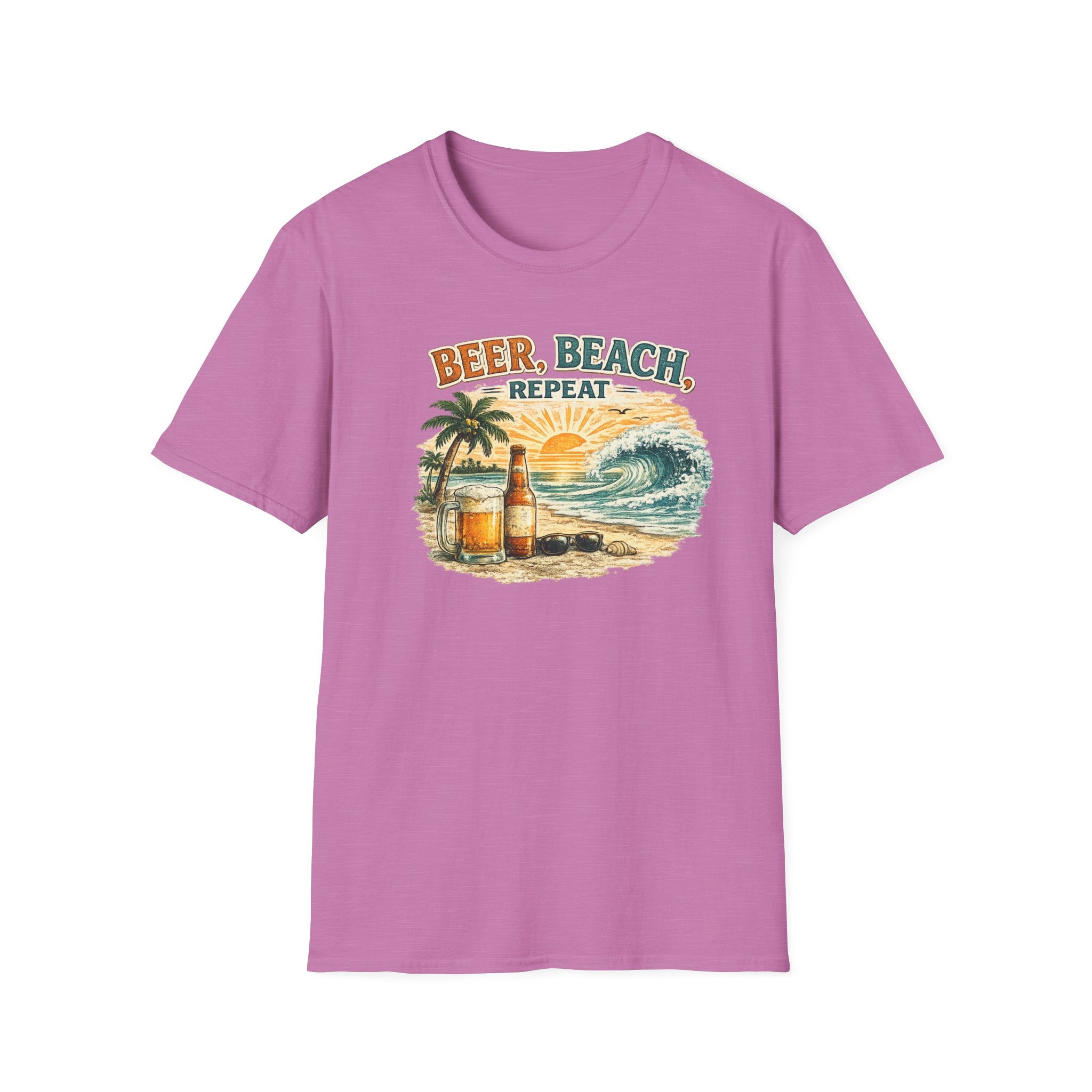 Beach T-Shirt — "Beer, Beach, Repeat" Retro Sunset Surf Tee