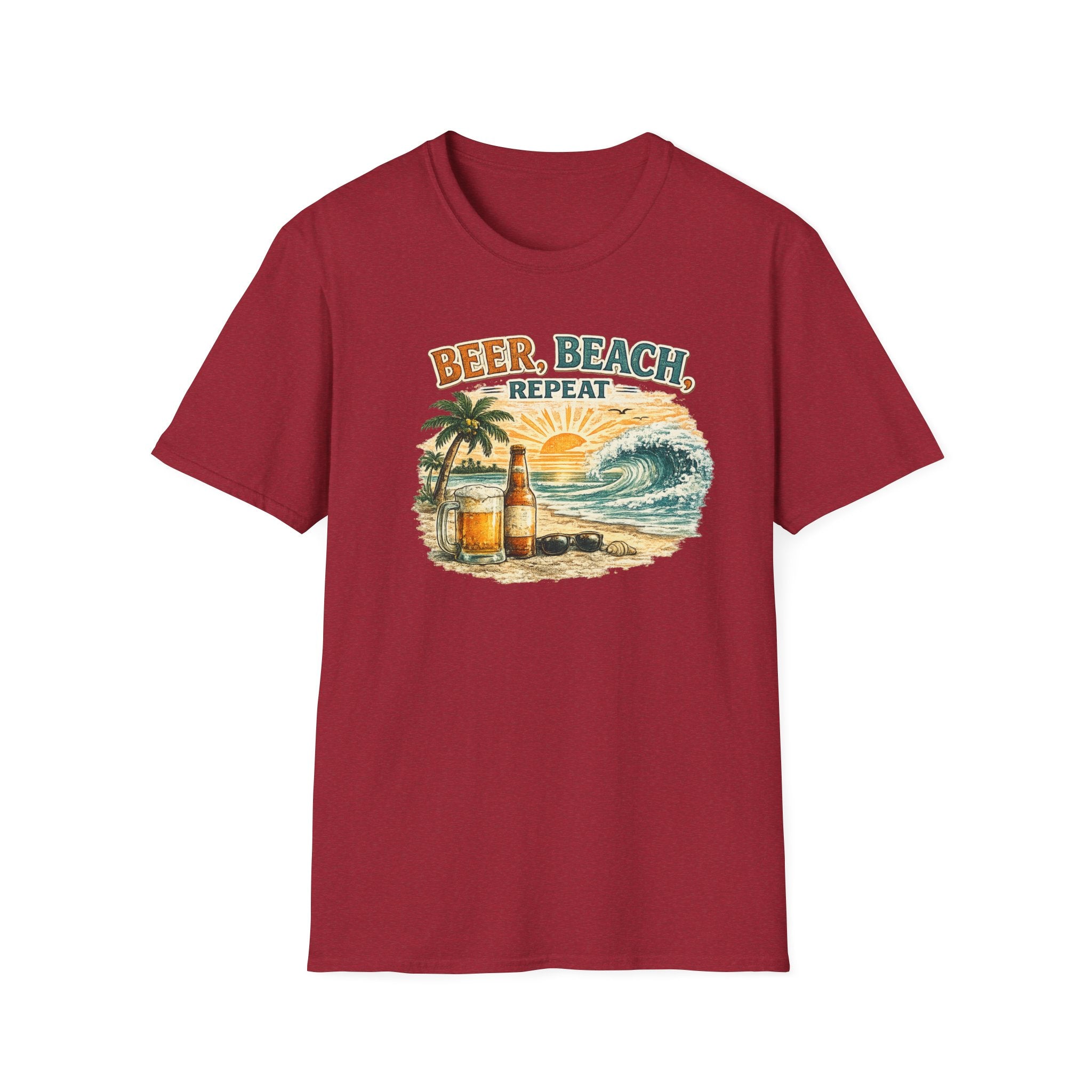 Beach T-Shirt — "Beer, Beach, Repeat" Retro Sunset Surf Tee