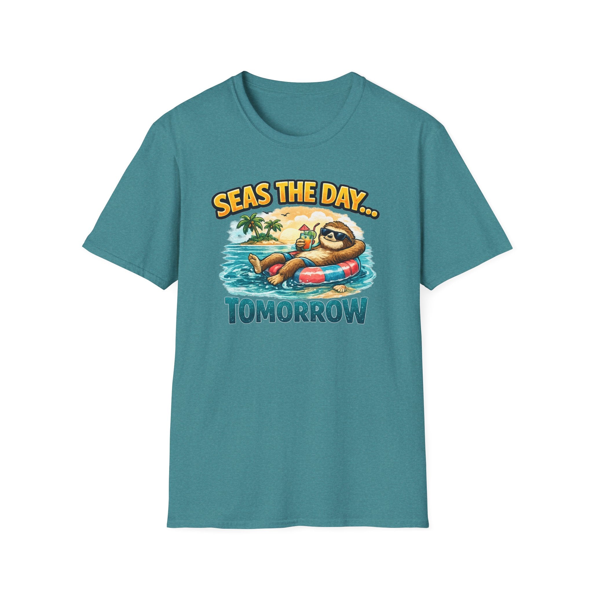 Seas the Day Sloth T-Shirt — Funny Tropical "Seas the Day... Tomorrow" Tee